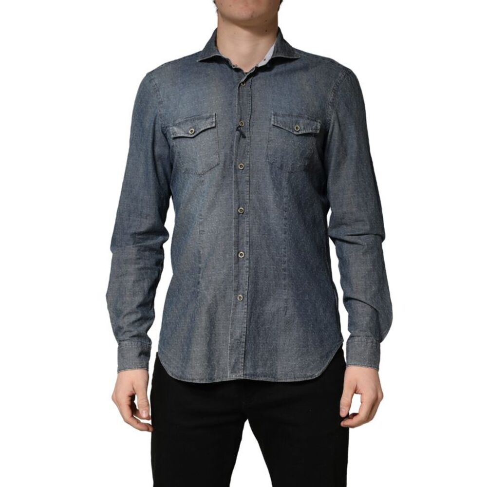 Domenico Tagliente DarkBlue Long Sleeve Collared Denim Men's Shirt